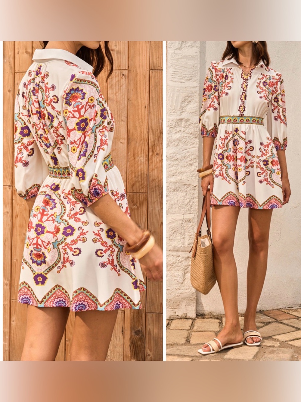 Commense White Mini Dress with Multicolor Paisley Print XL